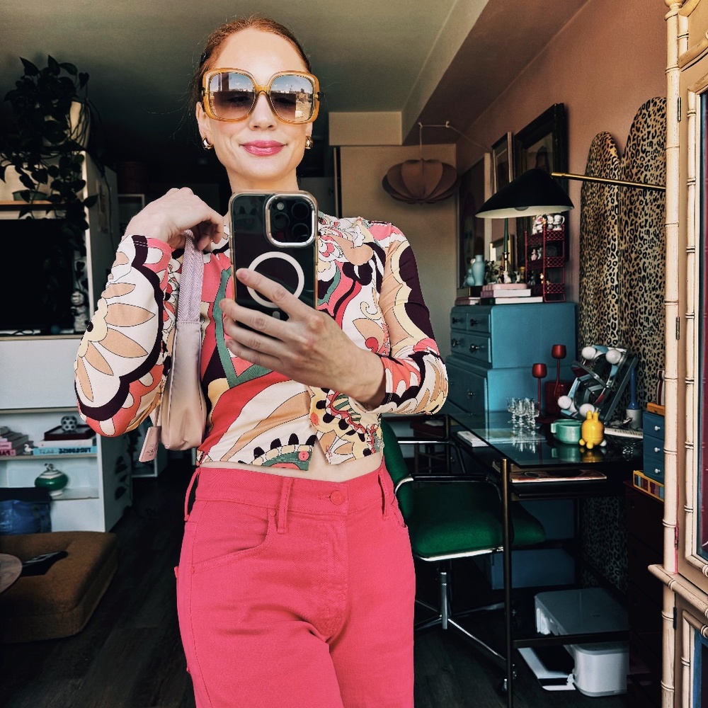 Y2k M Groovy Print Long-Sleeve Button Up Crop - image 1